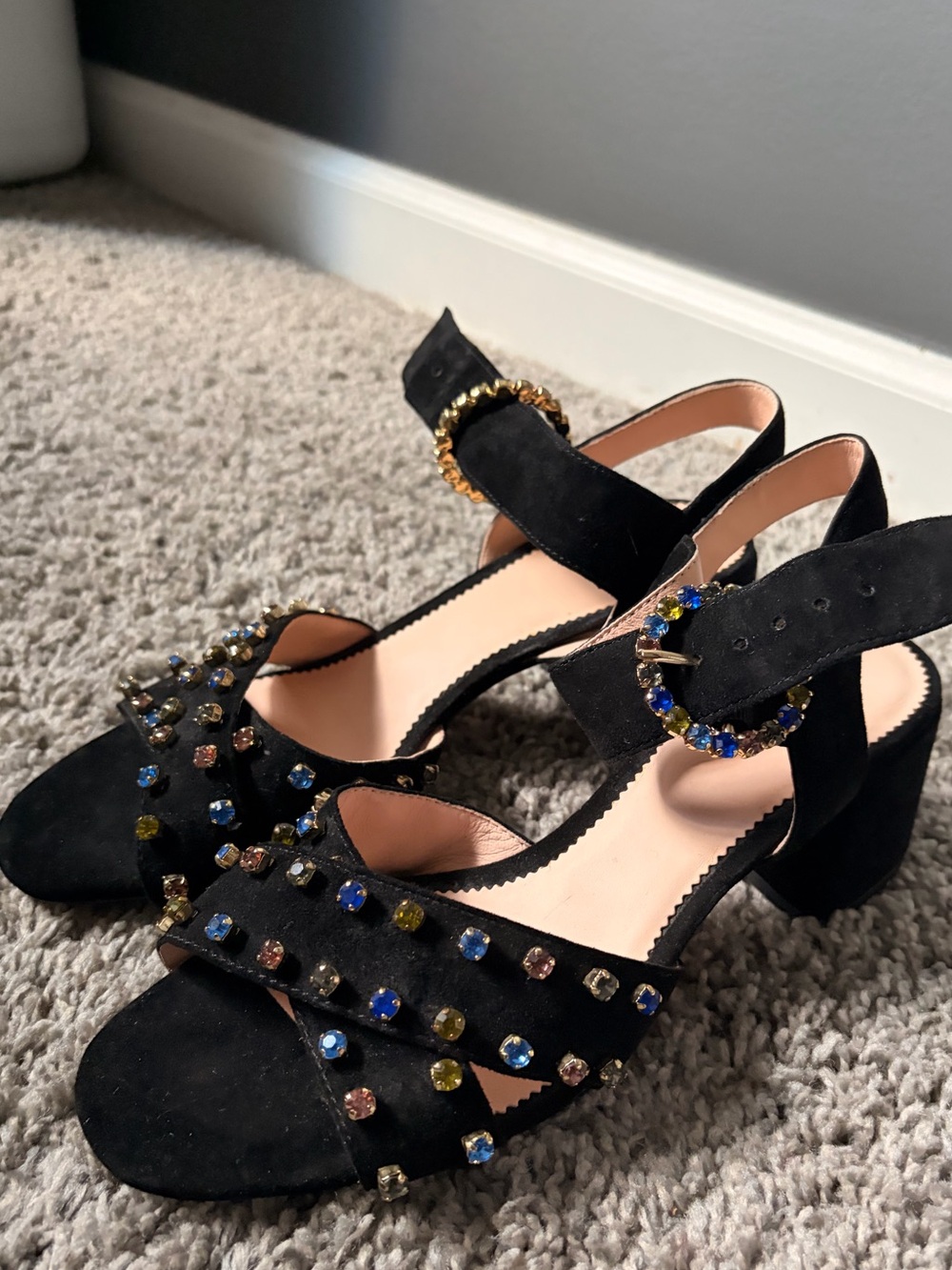 J. Crew Black Suede Jeweled Block Heel Sandals
